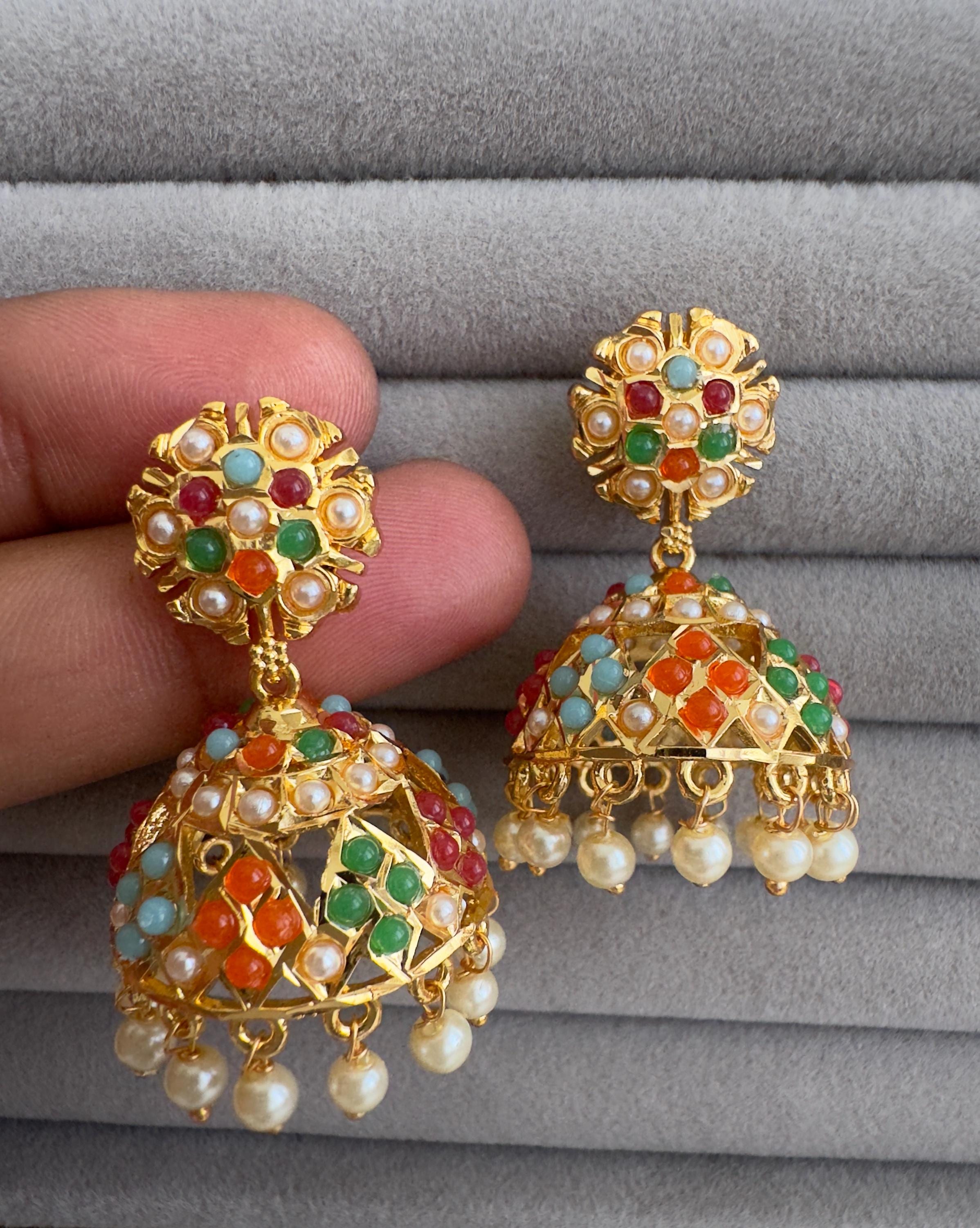 Gold Plated Jadau Jhumka/Stone Jhumka/Light weight Jhumka Earrings/Indian Jewelry/Pakistani/Punjabi/Indian/Indian wedding