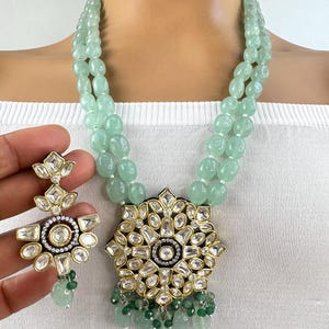 Minze viktorianische ungeschnittene Polki Kundan Halskette/Indische lange Kette/Statement Kette/Lange Mala/Semi Precious Kette/Rani Haar/Pakistanisch