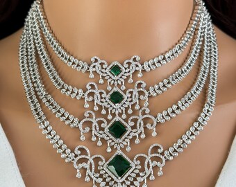 Smaragd Cz Diamant Halskette, American Diamond Halskette, indische pakistanische Schmuck für Hochzeit, Geschenk für sie, Brautschmuck, Hochzeitskollektion
