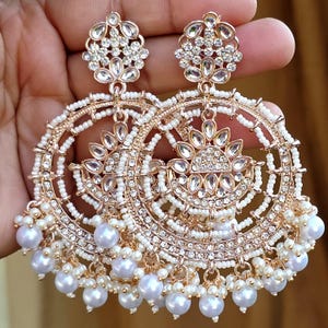 White Rose Gold Bollywood Stone Kundan Chandbali Earrings, Stone earrings, Indian Kundan Earrings,Pakistani Punjabi earrings, Indian wedding image 4