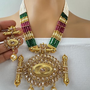 RubyGreen Long gold plated Polki mala Necklace/Indian Long Necklace/Pakistani Jewelry/Necklace Mala/Indian Wedding/Rani Haar