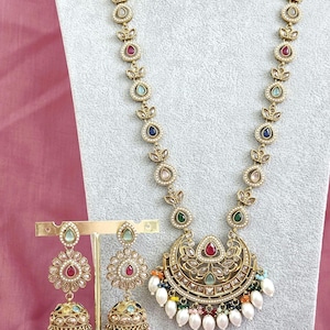 Navratan lange antike matt vergoldete Polki Mala Halskette/lange Halskette/Pakistanischer Schmuck/Mala indische Hochzeit/Rani Haar/Haram Halskette