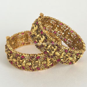 Ruby Matt Gold Kada bangle 1pc,Indian Amrapali bangles,Antique bangles,Temple Jewelry, South indian bangles, Bridal Bangles, Indian Wedding