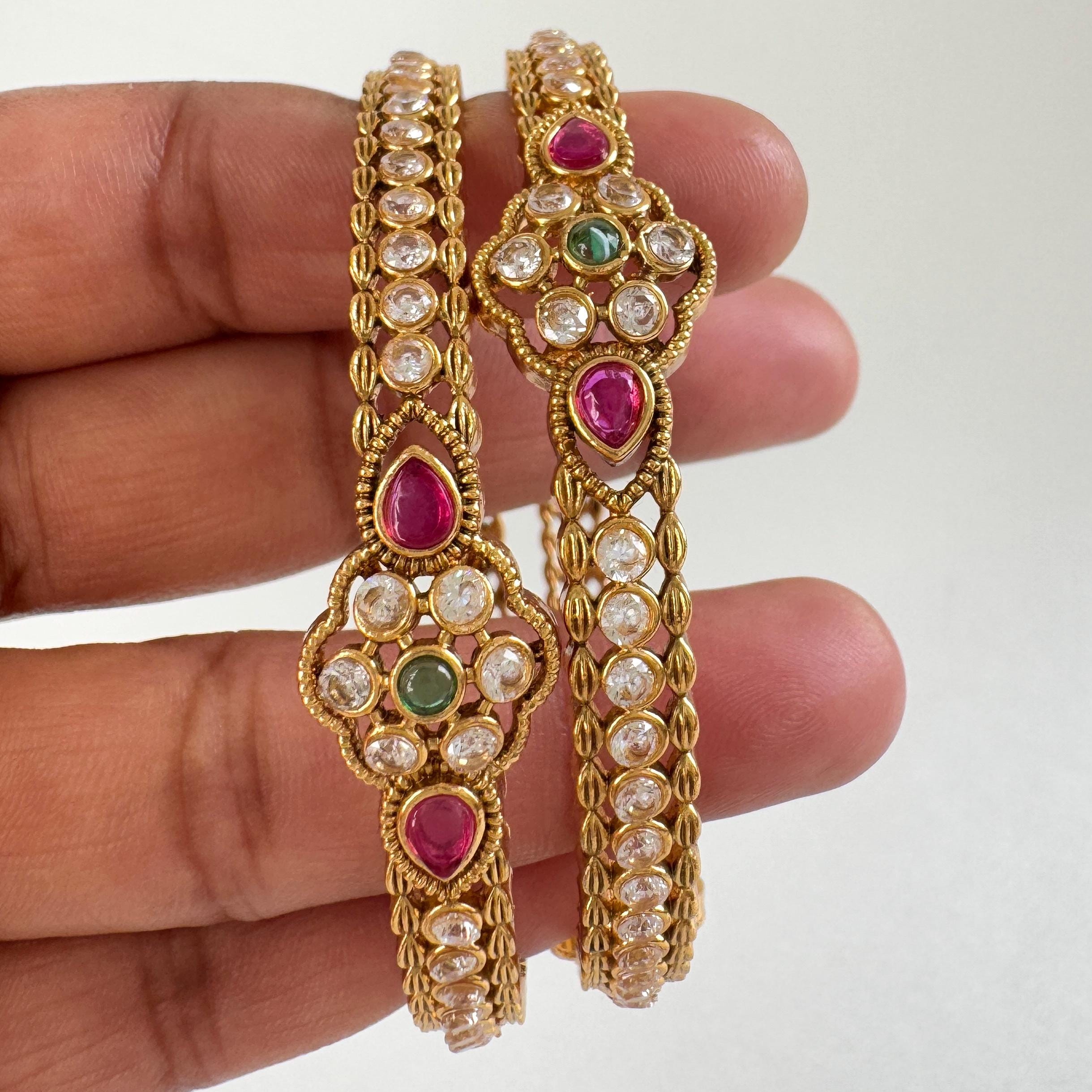 Set 2 Rubygreen Matt Gold CZ Diamond Bangles,indian Amrapali Bangles ...