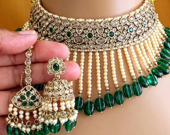 Gargantilla antigua Polki Kundan verde esmeralda, collar Polki, joyería india, collar pakistaní, collar punjabi, ideal para bodas.