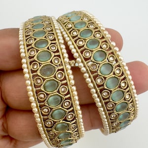 Mint Antique Polki Kundan Bangles Set, Punjabi Pearl bangles Set/Bridal bangles/ wedding jewelry, Pakistani jewelry, Bridal Bangles