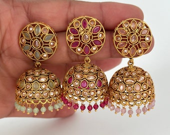 Restocked Gold plated Polki Jhumka/stone Jhumka/Indian Jewelry/Pakistani/Punjabi/Indian/Statement earring/Bridal earring/Indian wedding
