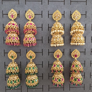 Guld Polki Jhumka, sten Jhumka, indiska smycken, Jhumka örhängen, Guld örhängen, dubbla Jhumka örhängen