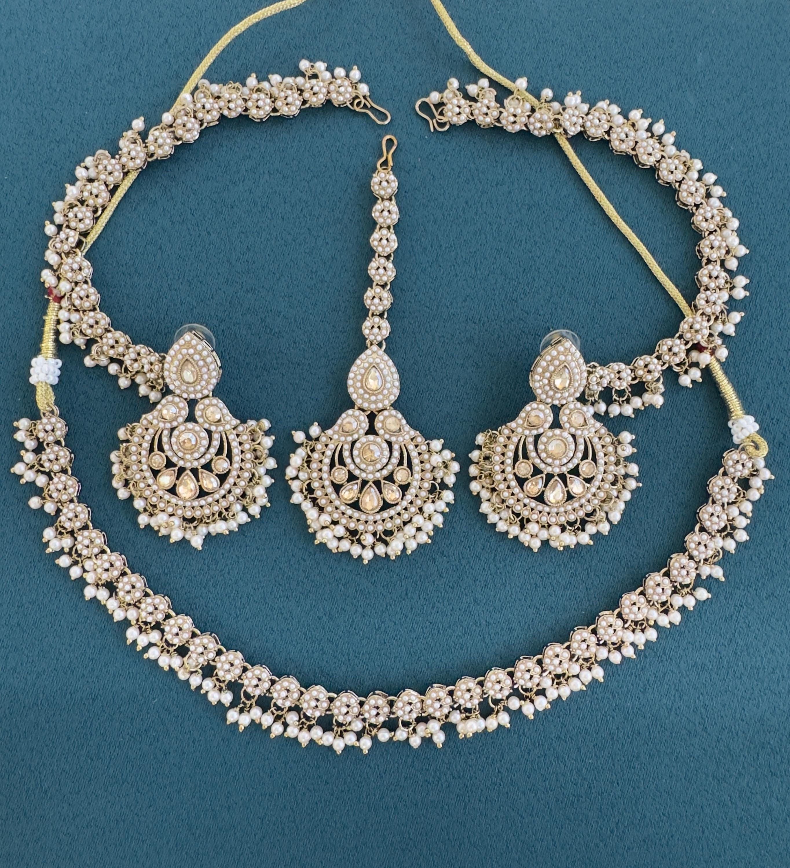 Set Collana Sposa Indiana Oro Con Perle - Choker Lungo E Corto Con Orecchini - Placcato Oro - Foto 2