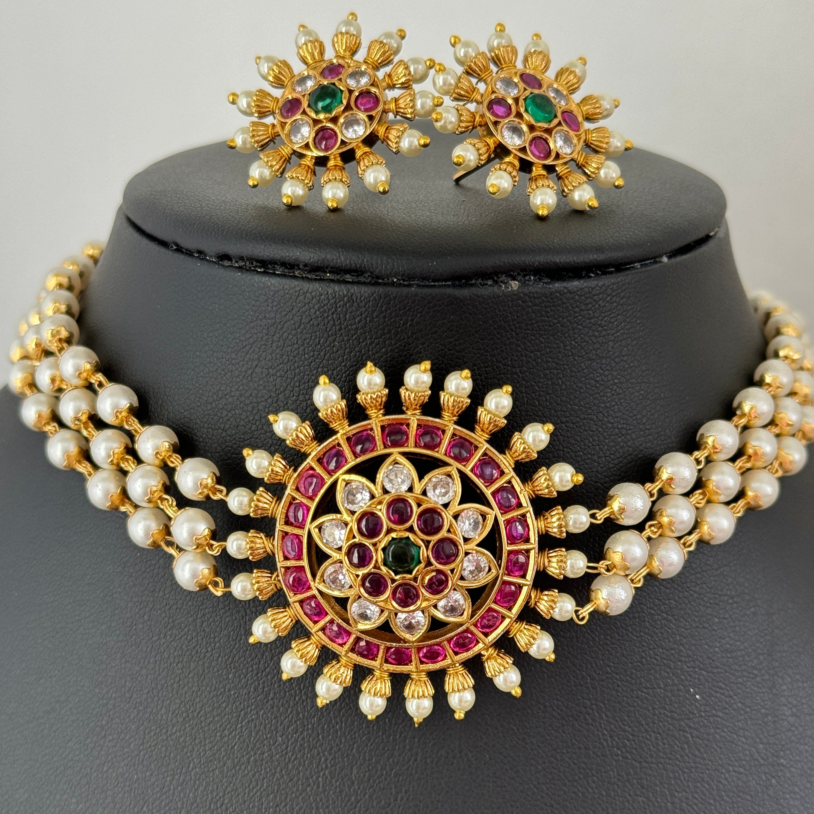 Antique Gold Pearl Choker Set, Rajwadi Choker, Traditional Jewelry 