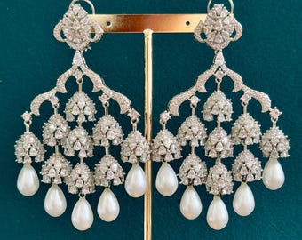 Statement CZ Pearl Premium quality AD Earrings/Victorian earrings/CZ Earrings/Indian Jewelry/Sabyasachi /Pakistani/Punjabi\Coctail Earrings