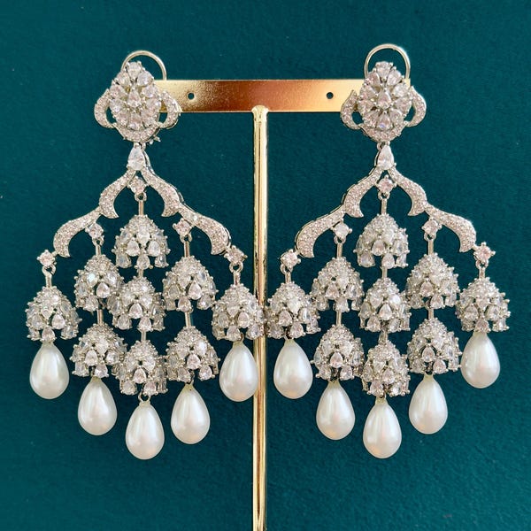 Statement CZ Pearl Premium quality AD Earrings/Victorian earrings/CZ Earrings/Indian Jewelry/Sabyasachi /Pakistani/Punjabi\Coctail Earrings