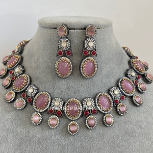 Pink Sabyasachi Inspired Victorian necklace, Antique Zirconium Diamond Statement Jewelry Set, Indian Pakistani wedding Jewelry image 1