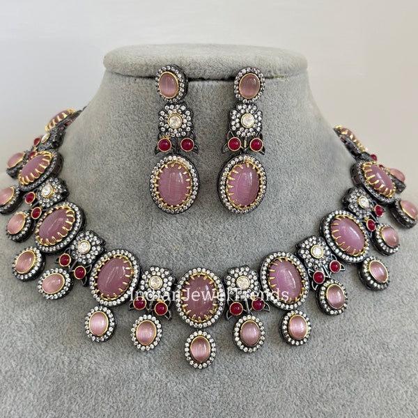 Pink Sabyasachi Inspired Victorian necklace, Antique Zirconium Diamond Statement Jewelry Set, Indian Pakistani wedding Jewelry