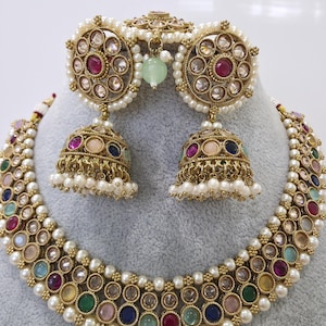 Multi Antique Polki Kundan necklace set/Reverse Ad Necklace/Statement necklace/Indian/Punjabi Necklace/Pakistani Jewelry/Bridal necklace/