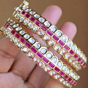 Ruby Moissanite Kundan Bangles, Gold Plated Indian Jewelry
