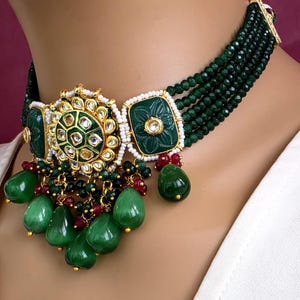Zielony naszyjnik Rajwadi Jaipuri Kundan meenakari, indyjska biżuteria ślubna, biżuteria dla nowożeńców biżuteria pakistańska zdjęcie 4
