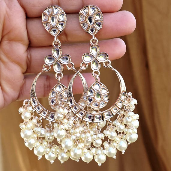 Rose Gold Kundan Earrings: Bollywood Pearl Chandelier, Indian Bridal Jewelry