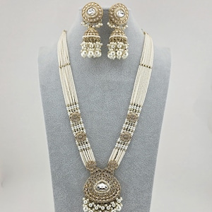 White Antique Polki Reverse AD Kundan long necklace/Kundan long Necklace/Indian Long Necklace/Pearl Polki mala set/Indian jewelry/bridal