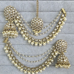 Bahubali Kundan jhumka with tikka, Kundan jhumnka, bahubali earrings, Kundan jewelry for wedding, indian pakistani jewelry