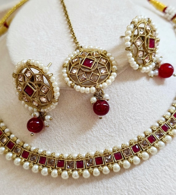 Ruby Antique Polki Kundan Necklace set, Indian necklace,Antique Dull Gold necklace, Indian,Pakistani Jewelry,Indian Wedding,Bridal set