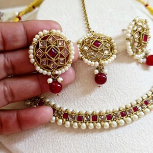 Ruby Antique Polki Kundan Necklace set, Indian necklace,Antique Dull Gold necklace, Indian,Pakistani Jewelry,Indian Wedding,Bridal set image 7
