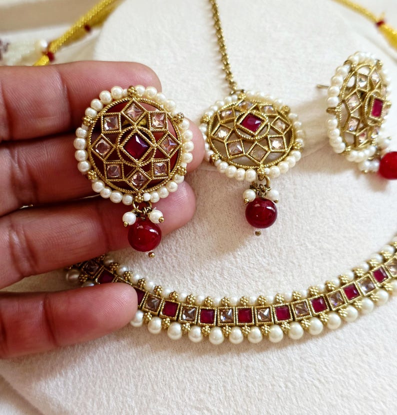 Ruby Antique Polki Kundan Necklace set, Indian necklace,Antique Dull Gold necklace, Indian,Pakistani Jewelry,Indian Wedding,Bridal set image 7