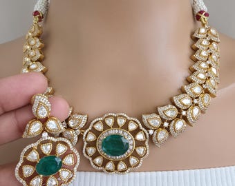 Green Victorian Doublet Moissanite polki Cz diamond choker Necklace,Indian Bridal Jewelry,Bollywood Sabyasachi Designer necklace, Pakistani