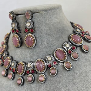 Pink Sabyasachi Inspired Victorian necklace, Antique Zirconium Diamond Statement Jewelry Set, Indian Pakistani wedding Jewelry image 2