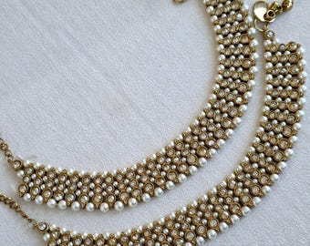 ブライダルパールシャドーストーンアンクレットペア/パヤル/ジャンジュラン/パンジャブ/パジェブ/インドの伝統的なアンクレット/インドのジュエリー/パキスタンのジュエリー/ボヘミアンジュエリー