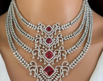 Collier de mariée en rubis et diamants CZ, bijoux indo-pakistanais