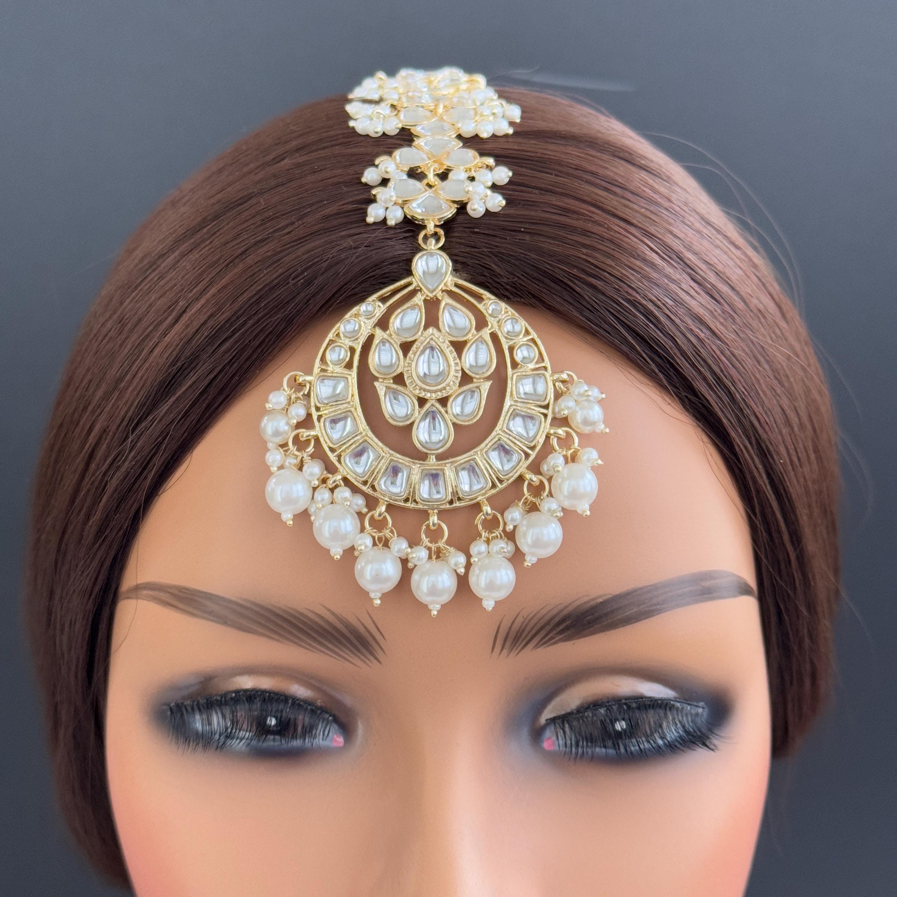 Maang Tikka Bijou De Cheveux Style Indien - Plaqué Or Blanc, Kundan Et Perles - Neuf