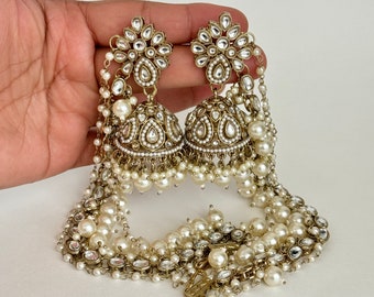 Kundan Pearl bahubali jhumka, Kundan jhumnka, boucles d'oreilles bahubali, bijoux en perles pour mariage, bijoux indiens pakistanais