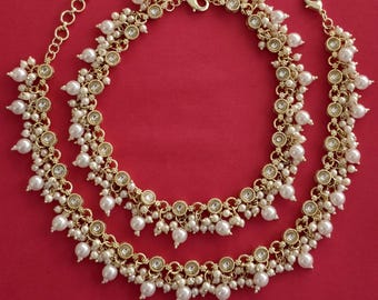 Gold Plated Pearl Kundan Anklet Pair – Indo Western Traditional Jewelry