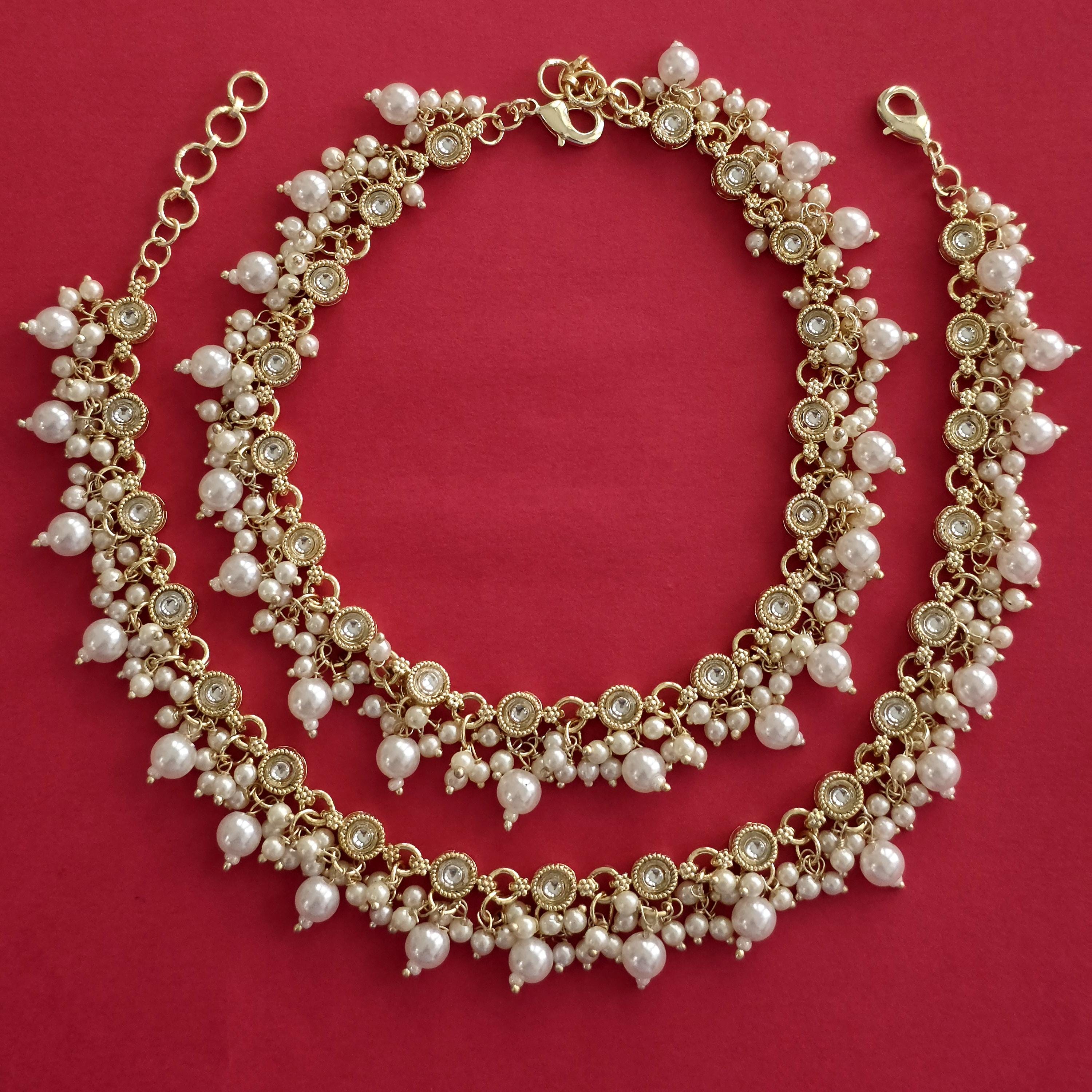 Gold Plated Pearl Kundan Anklet Pair/payal/moti Payal/jhanjran