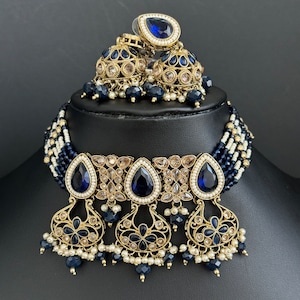 Blue Antique Polki Kundan necklace set/Reverse Ad Necklace/Statement necklace/Indian/Punjabi Necklace/Pakistani Jewelry/Bridal necklace/