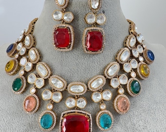 Multi Victorian Doublet Moissanite Polki Necklace, Sabyasachi Inspired Necklace, Celebrity Designer Necklace, Indian Pakistani Jewelry