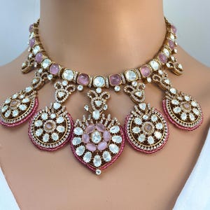 Pink Moissanite Polki Fusion Necklace, Sabyasachi Necklace, Wedding Necklace, Semi Precious Jewelry, Bollywood Celebrity Necklace, Pakistani