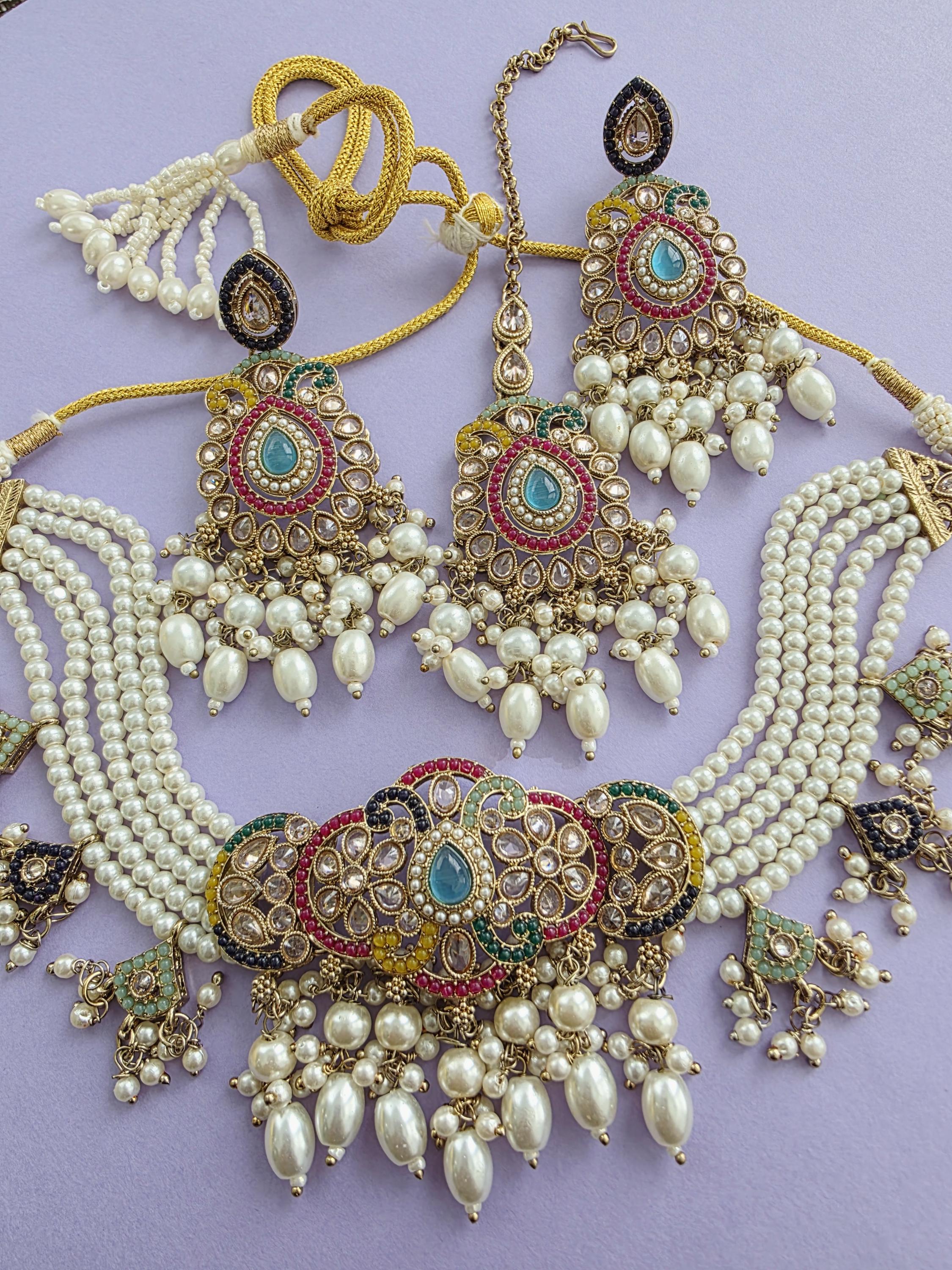 Multi Antique Polki Kundan Choker Necklace, Indian Necklace Set