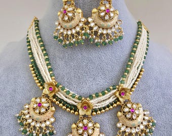 Ruby Green Traditional Polki Kundan green Meenakari handwork Bridal necklace /Indian wedding jewelry/Kundan Polki Temple Mid Length Necklace