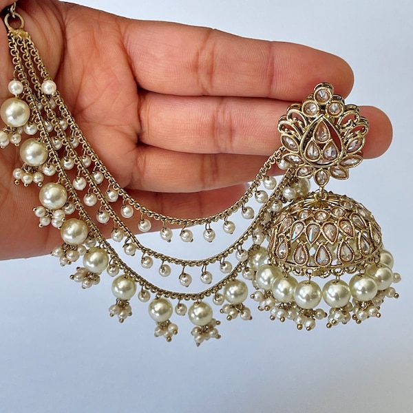 Restocked Bahubali Polki Pearl Jhumka/stone Jhumka/Indian Jewelry/Pakistani/Punjabi/Indian/Statement earring/Bridal earring/Indian wedding