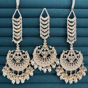 Restocked Gold Kundan Tikka w/Earring Set/ Indian Bridal Maang Tikka /Teeka Tika Headpiece Pearl Jewelry Women Bollywood Bridesmaid Gifts