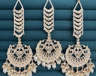 Restocked Gold Kundan Tikka w/Earring Set/ Indian Bridal Maang Tikka /Teeka Tika Headpiece Pearl Jewelry Women Bollywood Bridesmaid Gifts