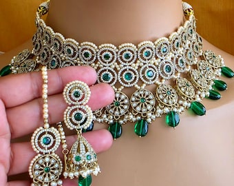 Gargantilla con circonitas cúbicas antiguas de color verde, collar Polk, joyería india, collar pakistaní, collar punjabi, collar nupcial.
