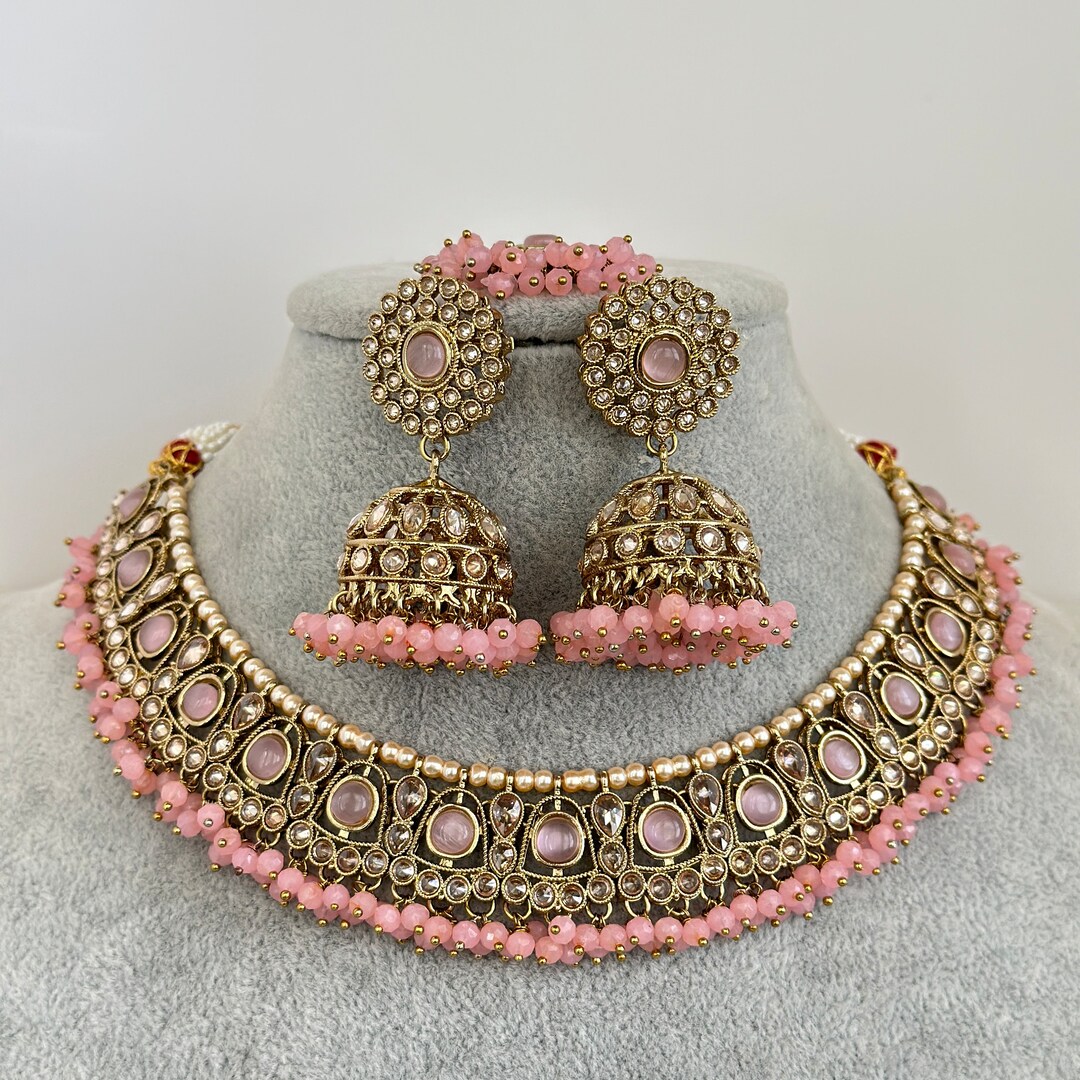 Three Layer Pink & Mint Green Monalisa Stones and Polki Necklace Set