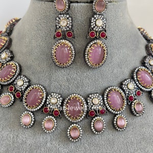 Pink Sabyasachi Inspired Victorian necklace, Antique Zirconium Diamond Statement Jewelry Set, Indian Pakistani wedding Jewelry image 5