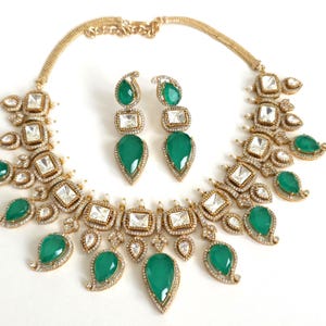 Emerald Doublet Victorian Moissanite Polki Kundan Necklace, Sabyasachi Designer, Bollywood, Indian Pakistani Jewelry for Wedding, bridal