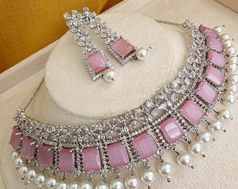 Pink Silver CZ Diamond necklace, American Diamond Necklace,Indian pakistani jewelry for wedding, gift for her, bridal jewelry