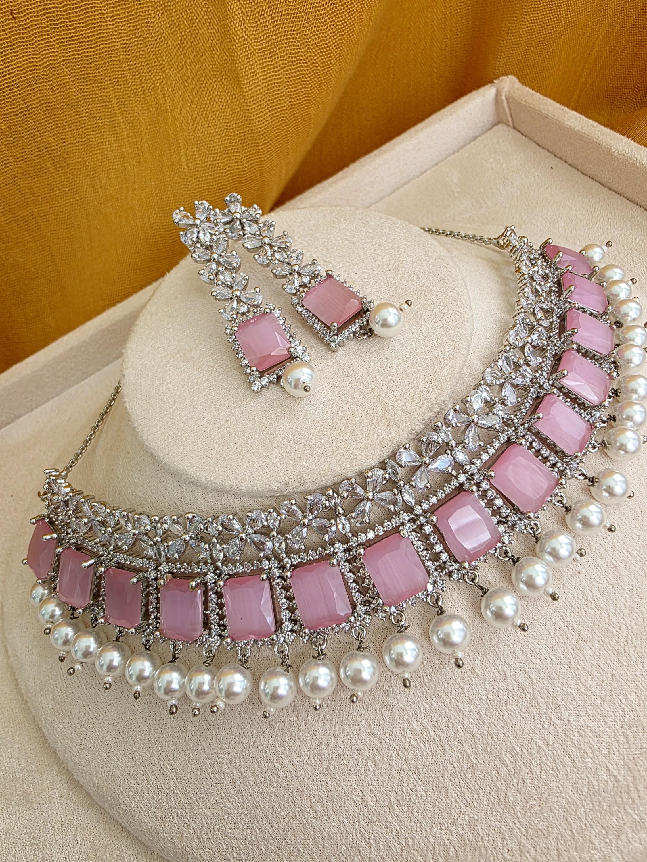 Pink American CZ Diamond Necklace Set, Silver Bridal Jewelry