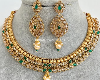 Gold Polki Kundan necklace/South Indian Jewelry/Temple Jewelry/gold necklace/Rajwadi Necklace/Indian Wedding necklace/Bridal necklace